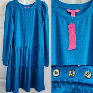 NWT Lilly Pulitzer Dress • Arlette Long-Sleeve Tiered Swing Style • Teal Bay • L